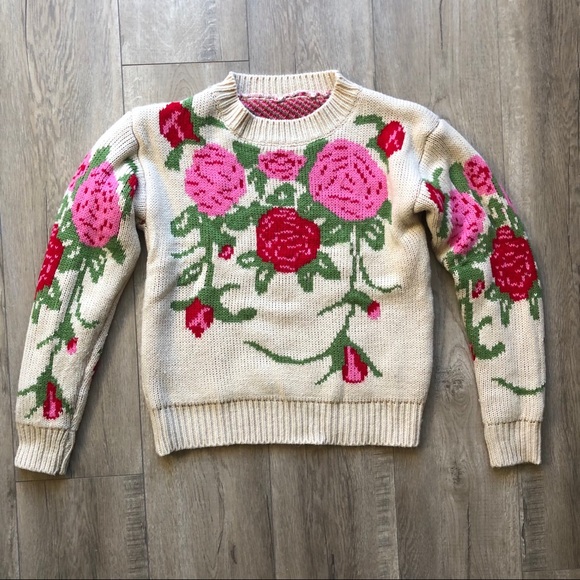 Vintage Rose Floral Chunky Knit Sweater 